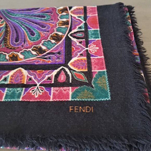 FENDI Luxurious Rare VTG Logo Wool Shawl India Pattern Scarf Large Square 53in - Picture 2 of 11